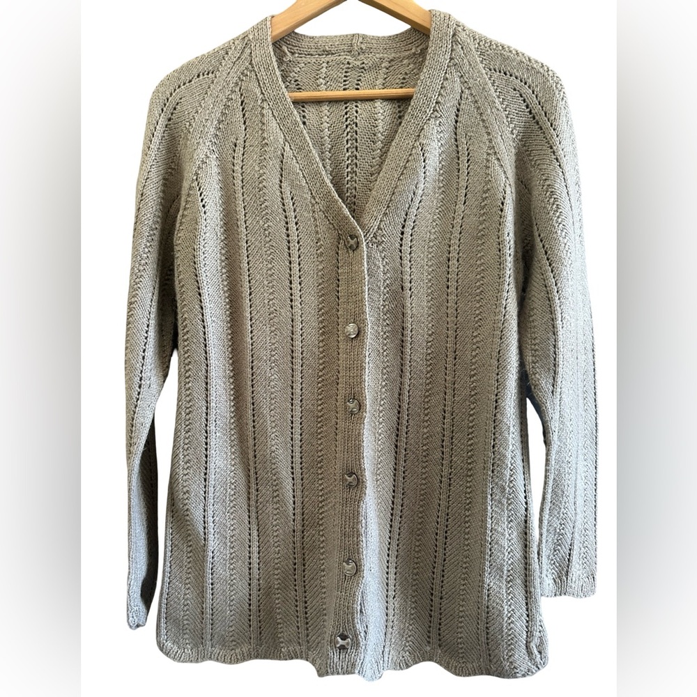 Vintage Beige Open Knit Button Front Cardigan Sweater Women